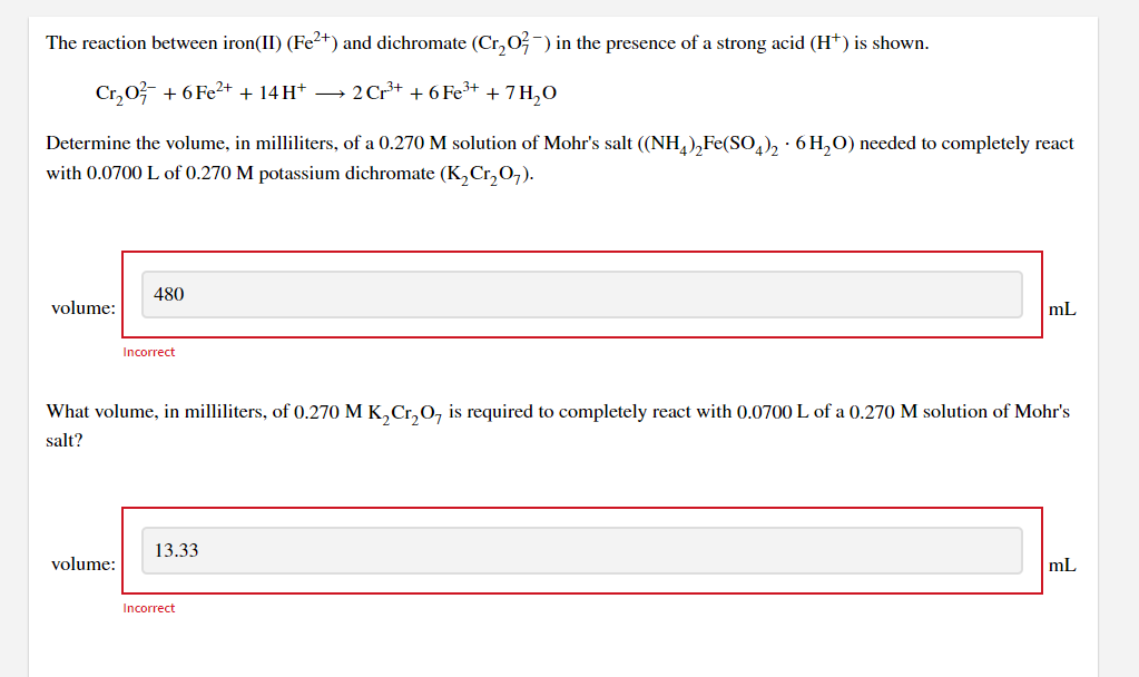 Solved The reaction between iron(II) (Fe2+) and dichromate | Chegg.com