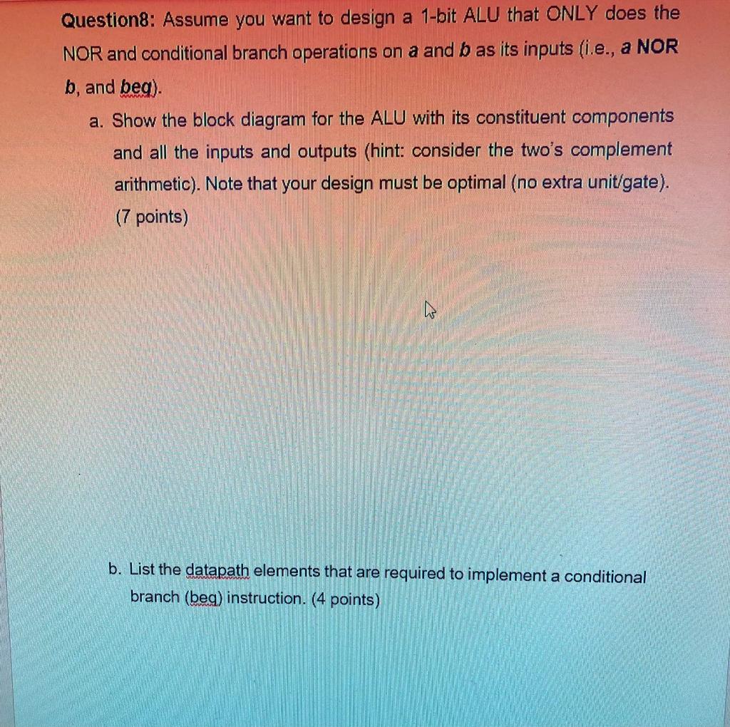 Solved Question8: Assume you want to design a 1-bit ALU that | Chegg.com
