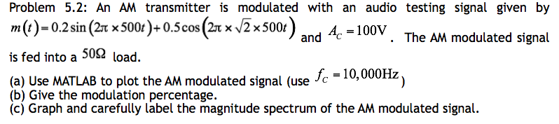 Solved Problem 5.2: An AM transmitter is modulated with an | Chegg.com