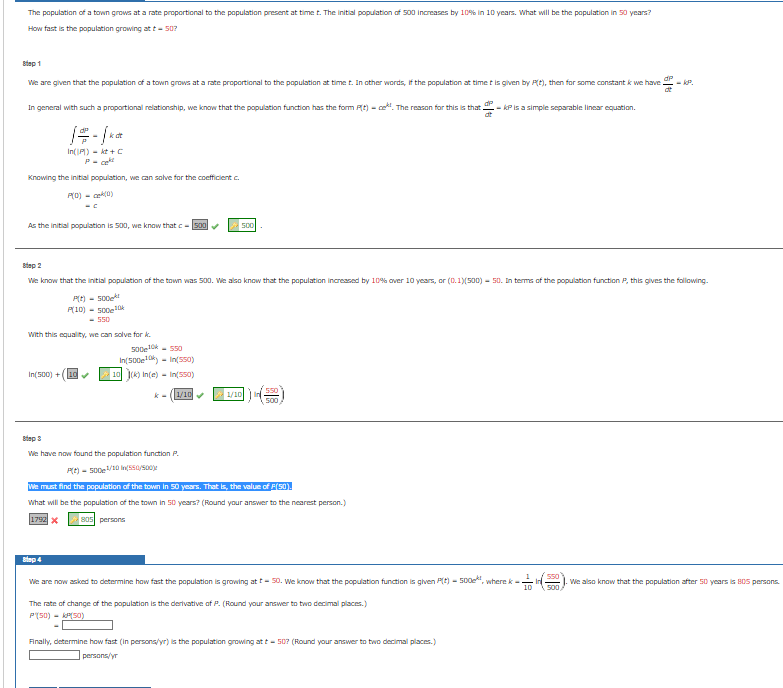 Solved The papulstion of a town growa at a rate proportional | Chegg.com