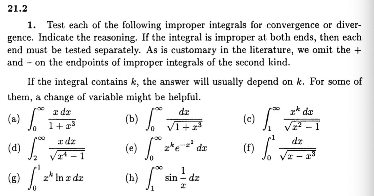 Solved 21.2 1. Test each of the following improper integrals | Chegg.com