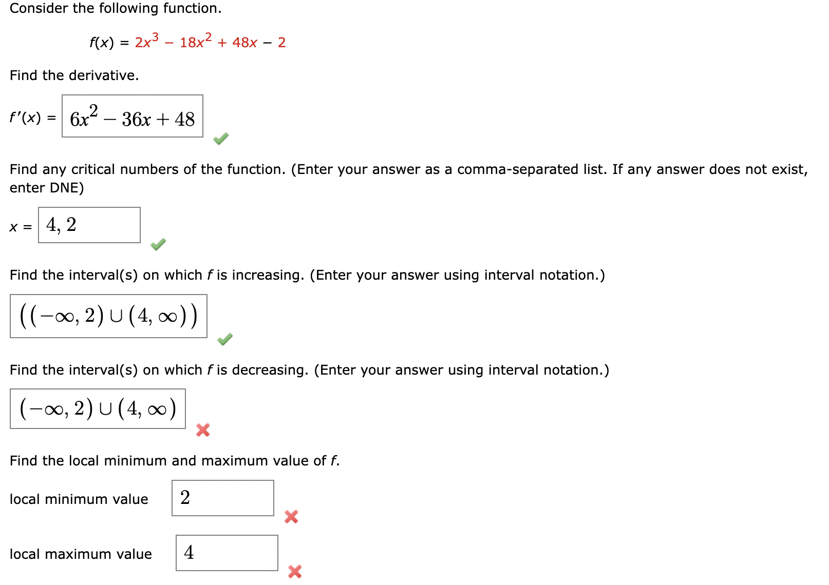 Solved Consider The Following Function F X 2x3−18x2 48x−2