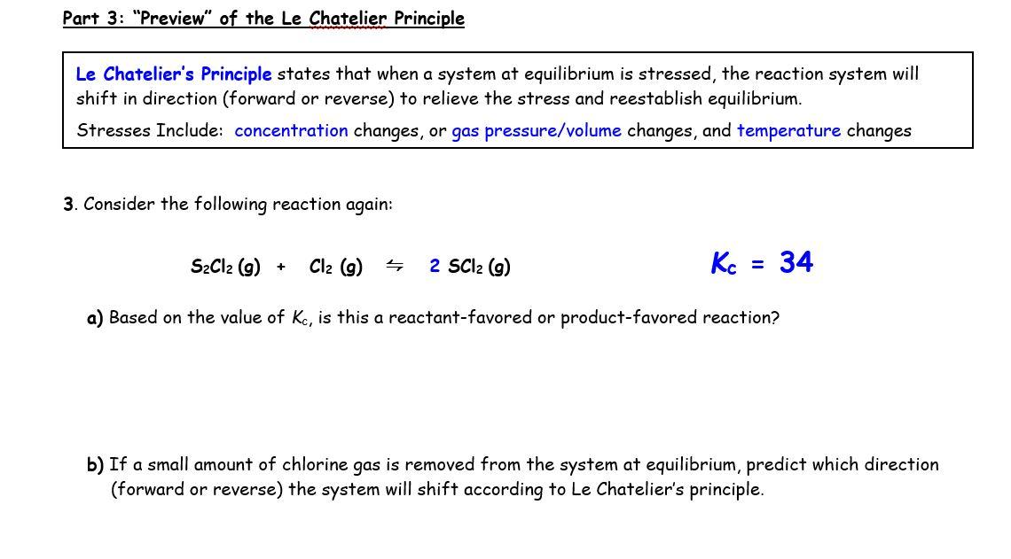 Solved Part 3: "Preview" Of The Le Chatelier Principle Le | Chegg.com