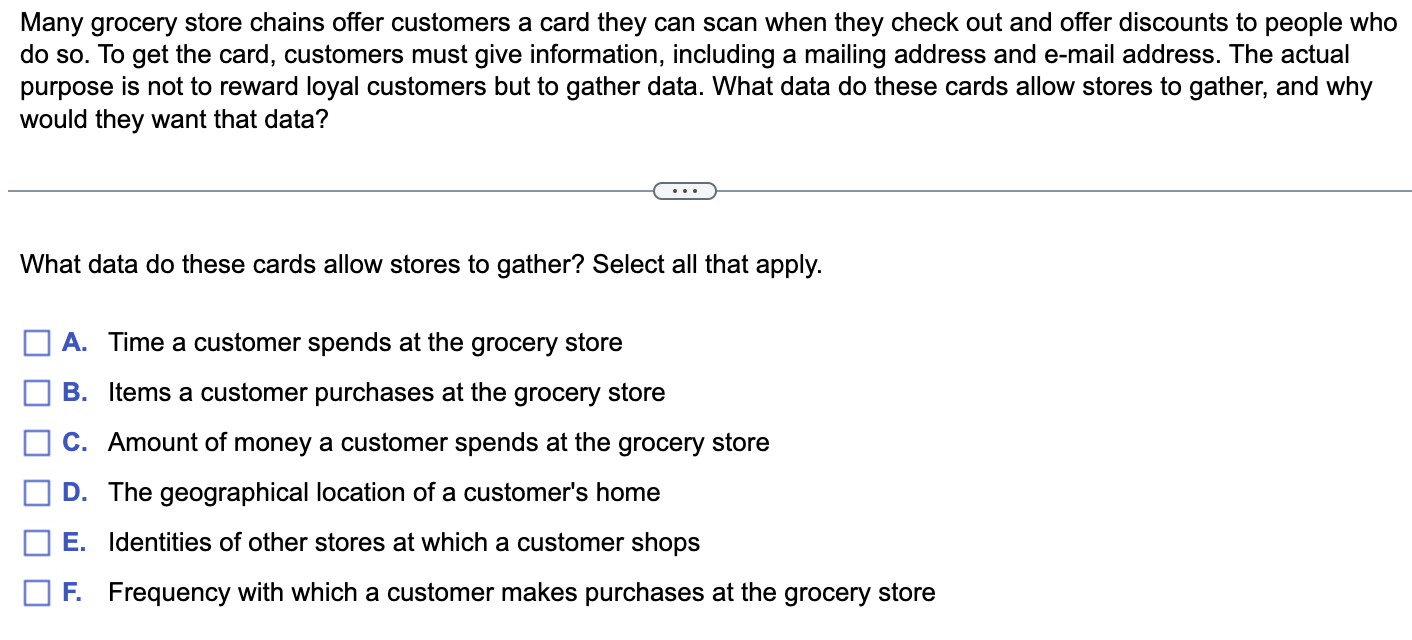 Many grocery store chains offer customers a card they can scan when they check out and offer discounts to people who do so. T