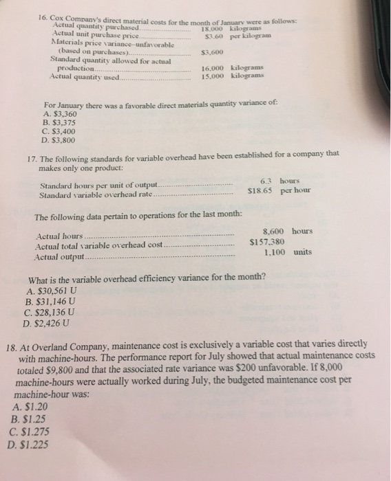 16 cox company s direct material costs for the mo chegg