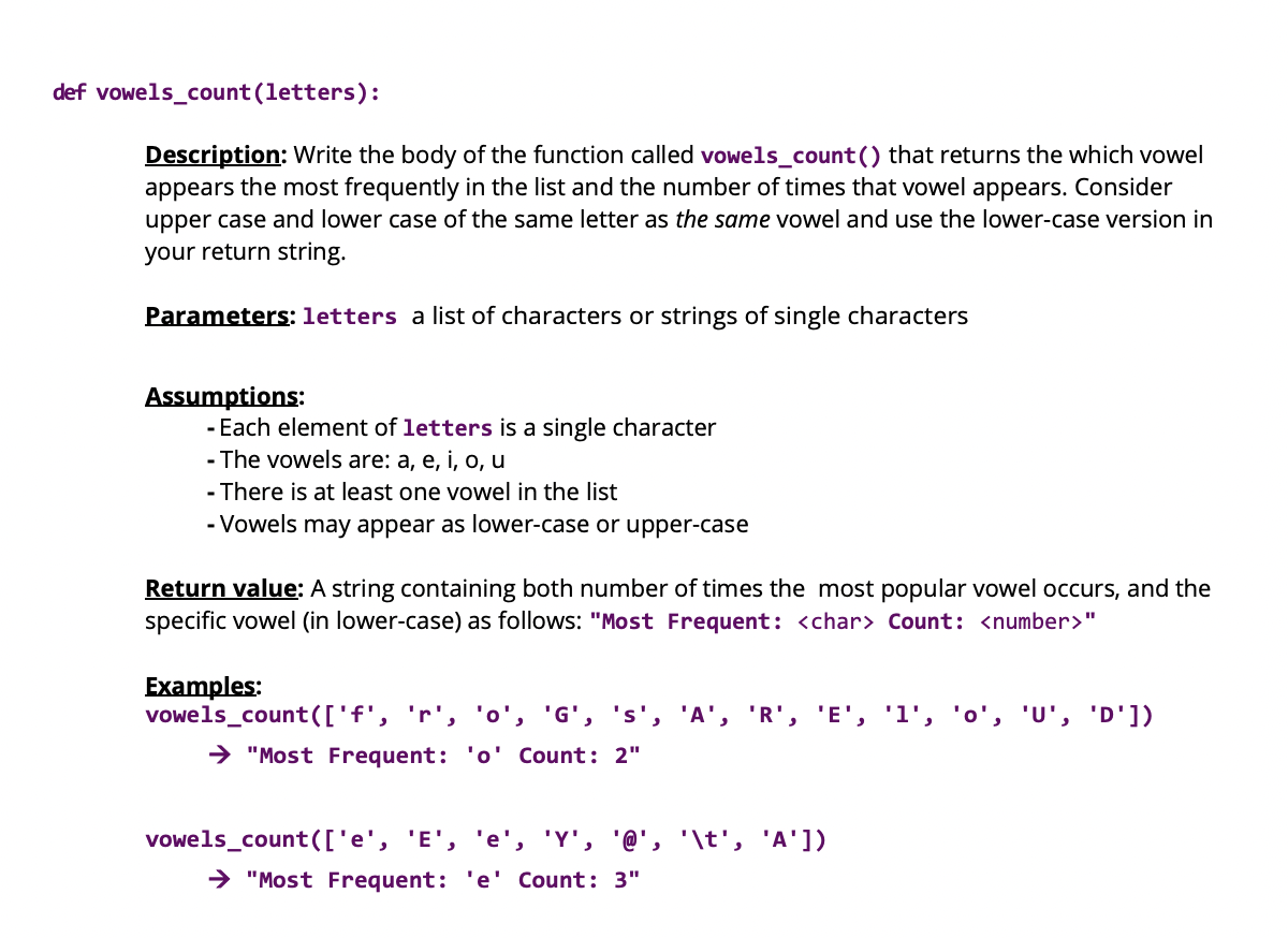 Solved owels_count(letters): Description: Write the body of | Chegg.com
