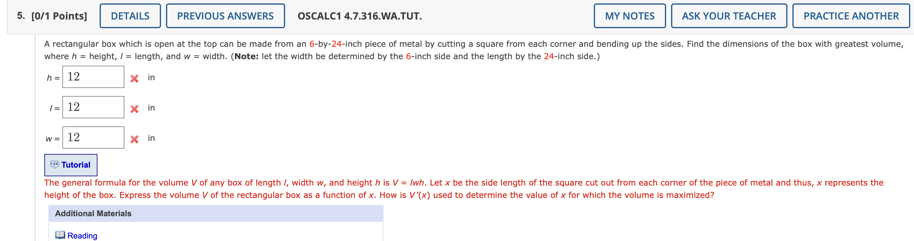 Solved where h= height, I= length, and w= width. (Note: let | Chegg.com