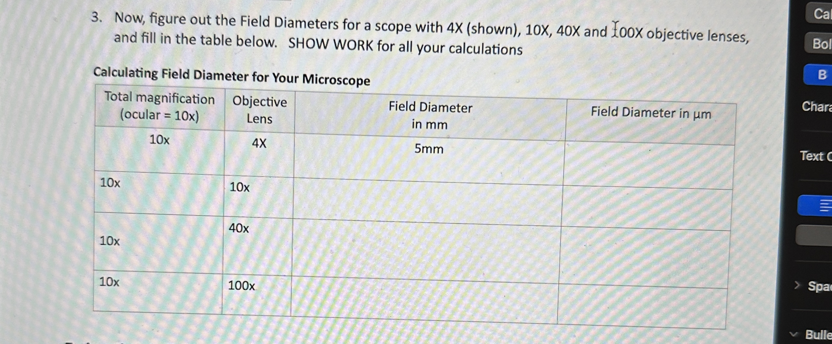 Solved I need help with calculating the field diameter in