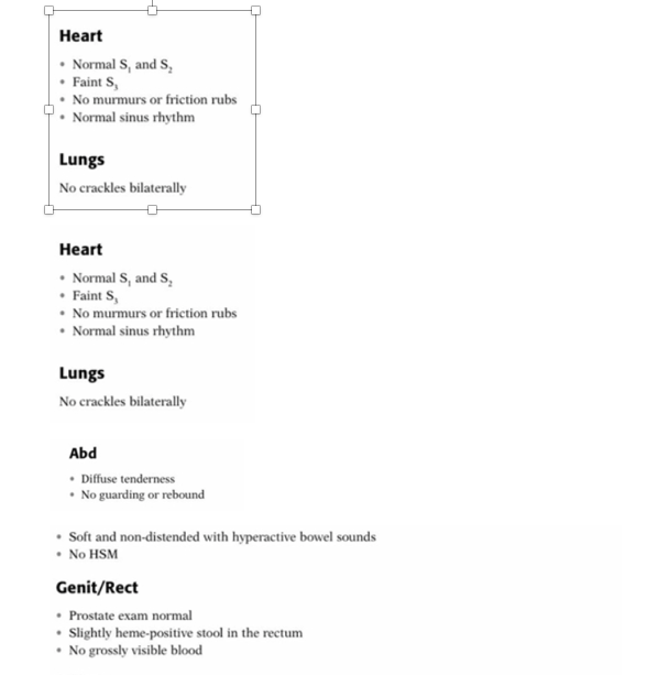 Heart • Normal S, and S, • Faints • No murmurs or friction rubs • Normal sinus rhythm Lungs No crackles bilaterally Heart • N