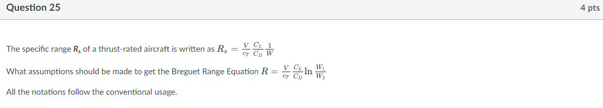 Solved The specific range Rs of a thrust rated aircraft is Chegg