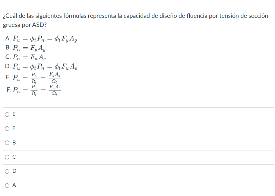 ¿Cuál de las siguientes fórmulas representa la capacidad de diseño de fluencia por tensión de sección gruesa por ASD? A. \( P