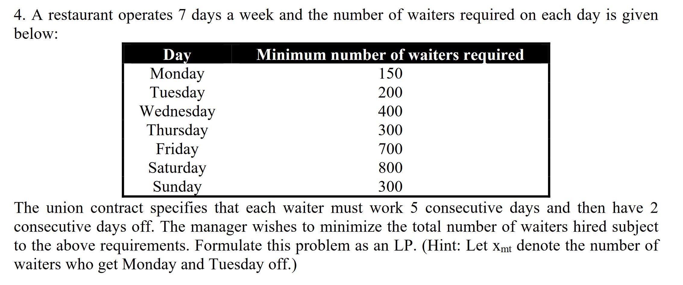 Solved 4 a restaurant operates 7 days a week and the number chegg