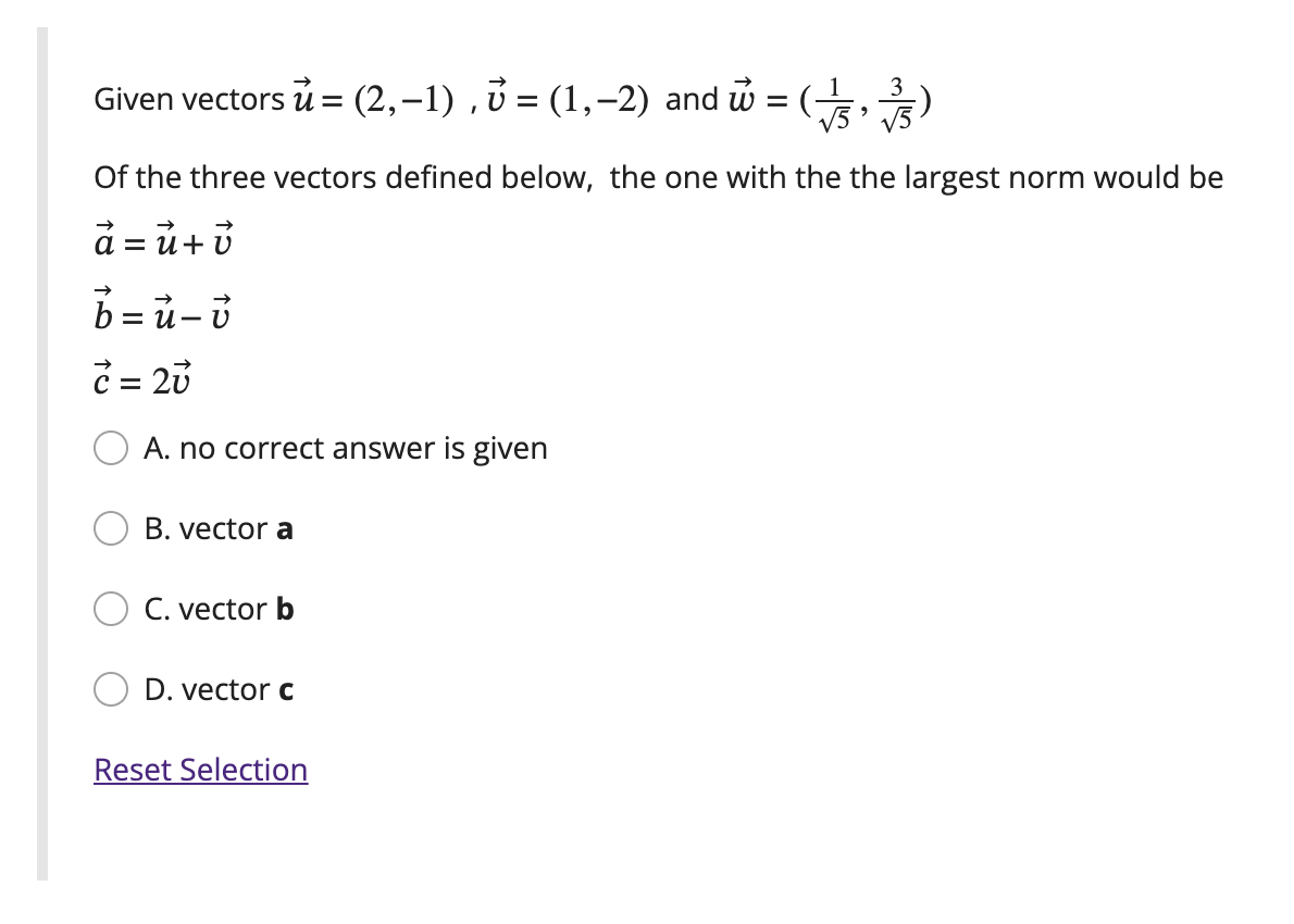 Solved Given vectors u=(2,−1),v=(1,−2) and w=(51,53) Of the | Chegg.com