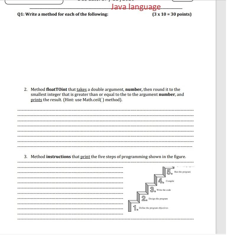 Solved Java language Q1: Write a method for each of the | Chegg.com