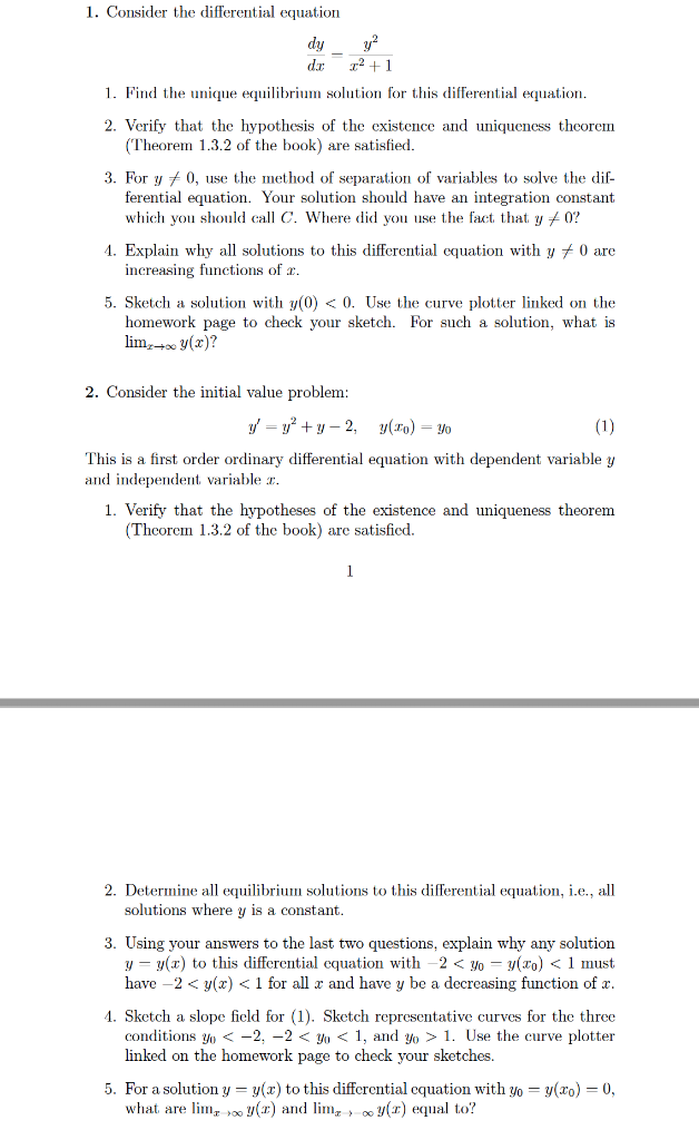 Solved 1. Consider the differential equation dy dJ 1. Find | Chegg.com
