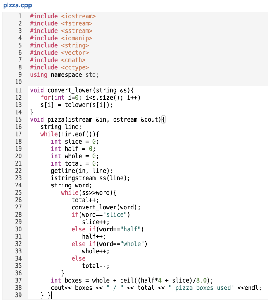 Solved Write a function pizza that accepts an input stream | Chegg.com