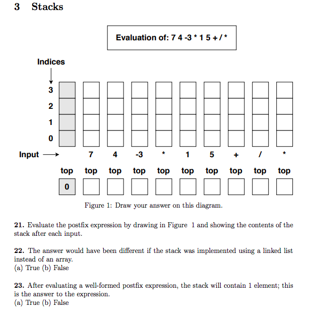 Solved 3 Stacks Evaluation of: 7 4 -3* 1 5 +/* Indices 3 2 1 | Chegg.com