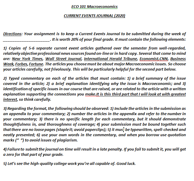 ECO 101 Macroeconomics CURRENT EVENTS JOURNAL (2020)