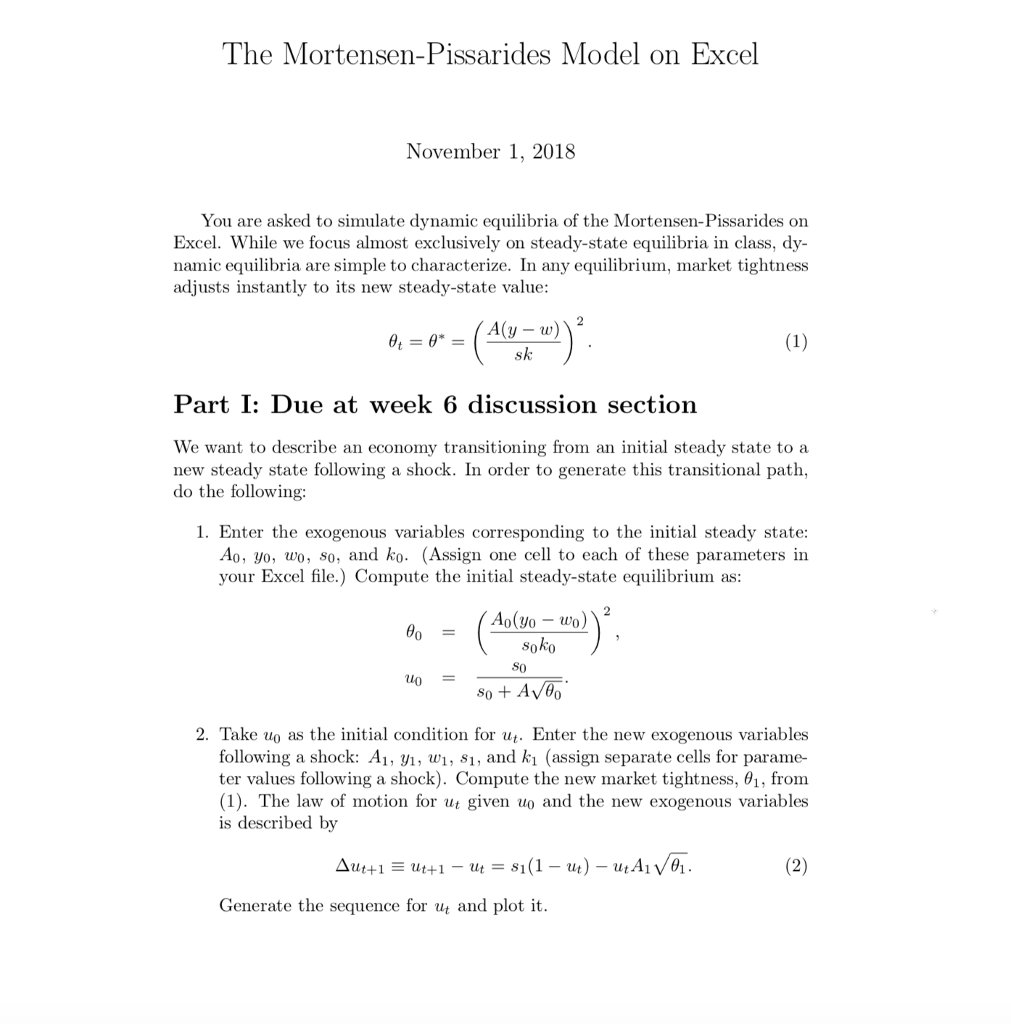 The Mortensen-Pissarides Model on Excel November 1, | Chegg.com