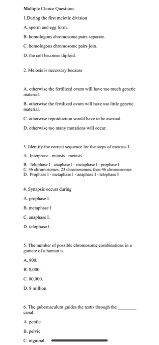 Solved Multiple Choice Questions 1. During the first meiotic | Chegg.com