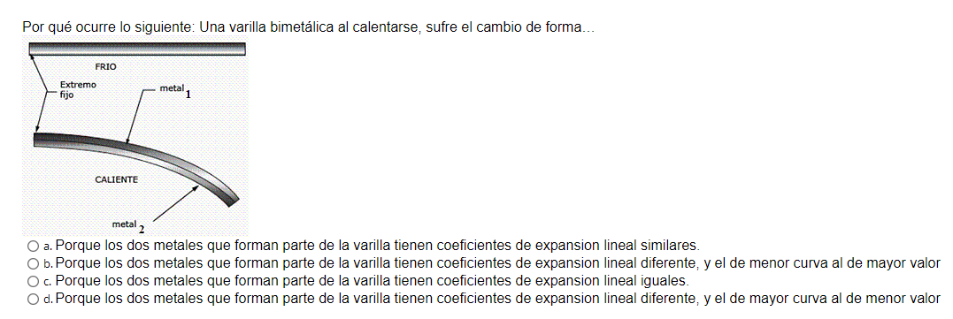 Por qué ocurre lo siguiente: Una varilla bimetálica al calentarse, sufre el cambio de forma... a. Porque los dos metales que