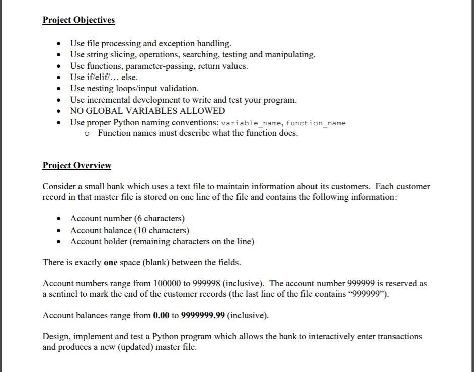 Solved Project Objectives • Use file processing and | Chegg.com