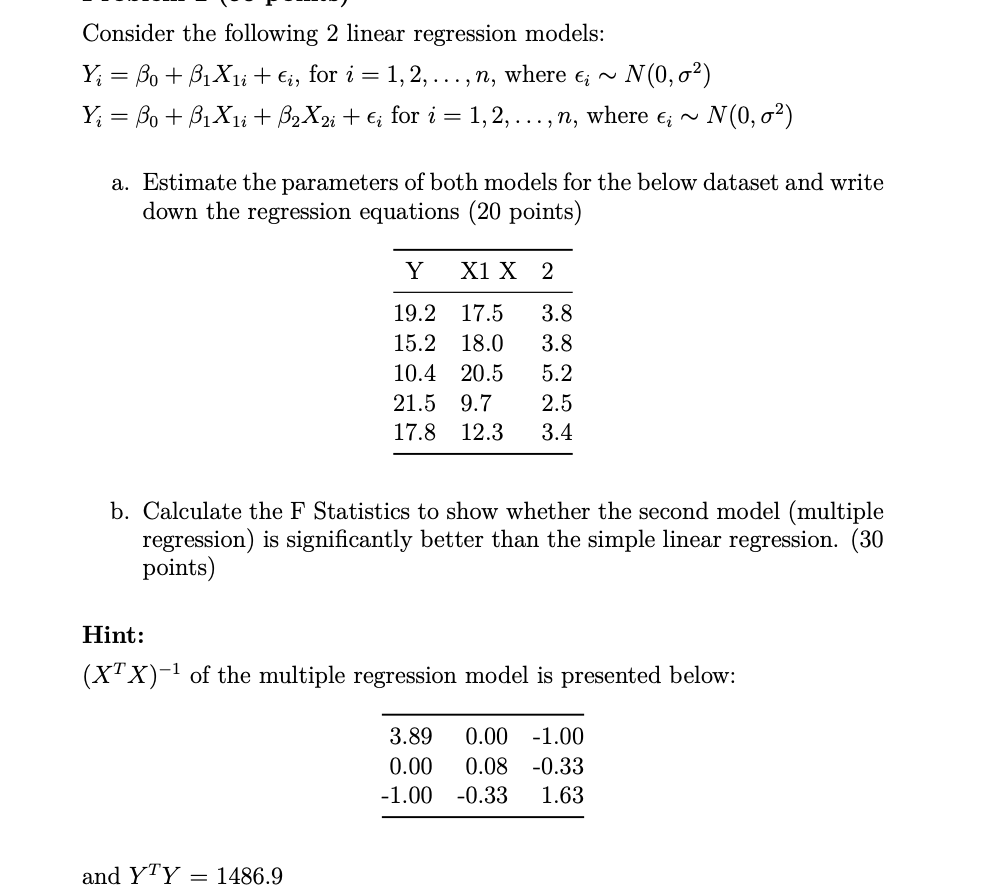 Solved Consider the following 2 linear regression models: Y; | Chegg.com