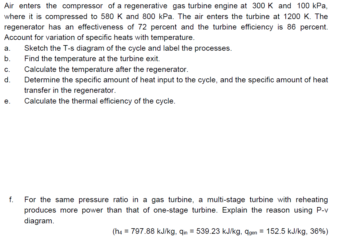 Solved Air Enters The Compressor Of A Regenerative Gas | Chegg.com