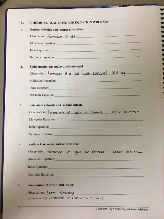 Solved CHEMICAL REACTIONS AND EQUATION WRITING Barium