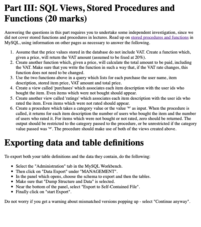 Part III: SQL Views, Stored Procedures and Functions | Chegg.com