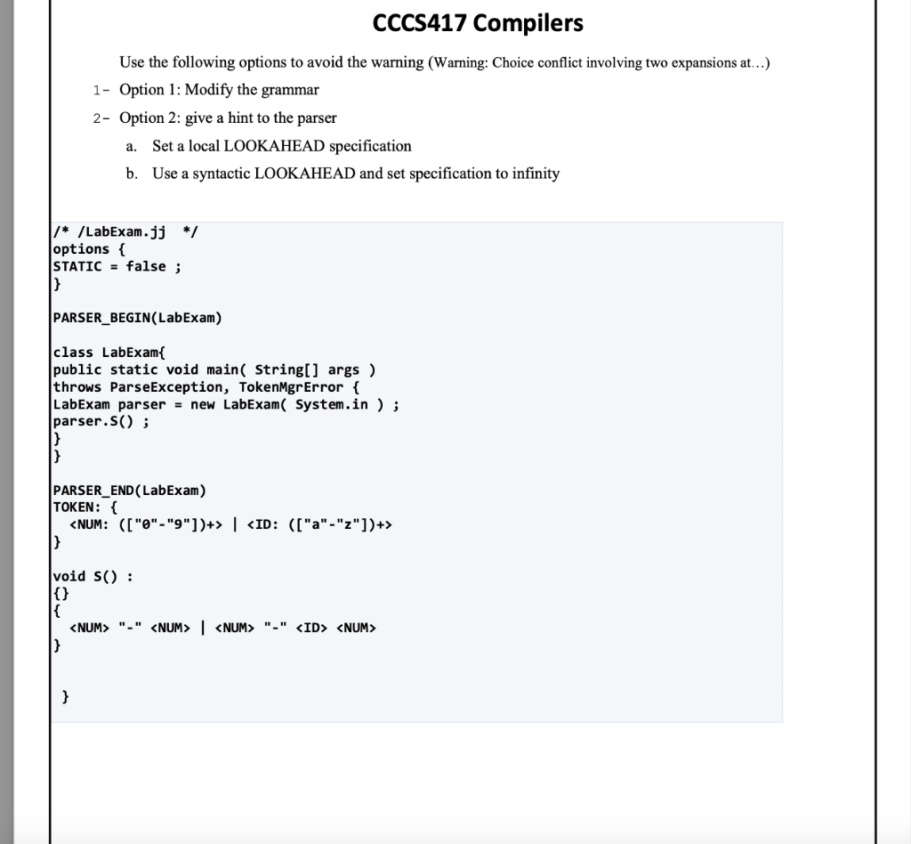 I REALLY NEED HELP WITH THIS CCCS417 Compilers Use