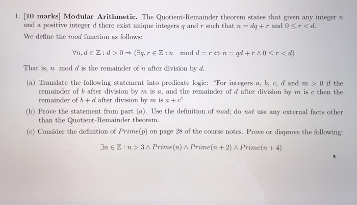 Solved 1. [10 marks Modular Arithmetic. The | Chegg.com
