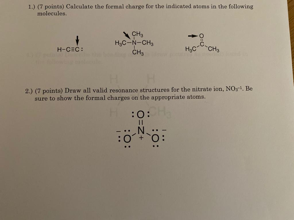 Solved 1.) (7 points) Calculate the formal charge for the | Chegg.com