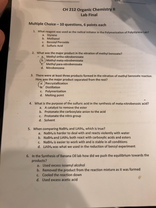 Solved CH 212 Organic Chemistry II Lab Final Multiple | Chegg.com