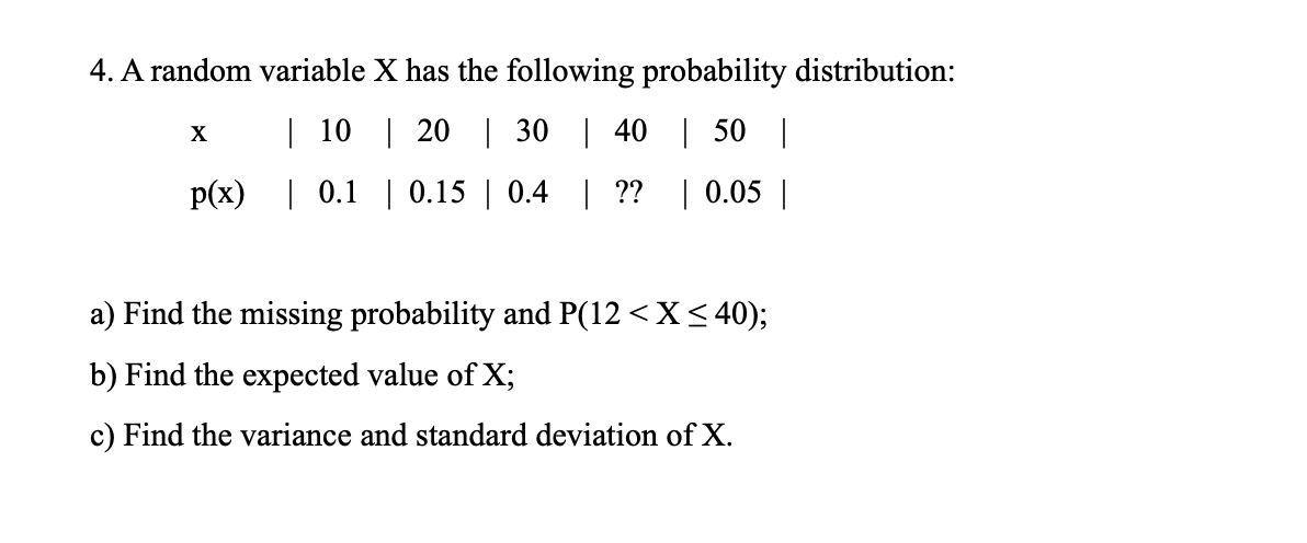 Solved 4. A random variable X has the following probability | Chegg.com