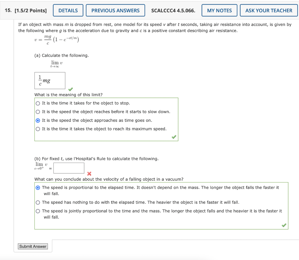 Solved An Object With Mass M Is Dropped From Rest One Model 9038