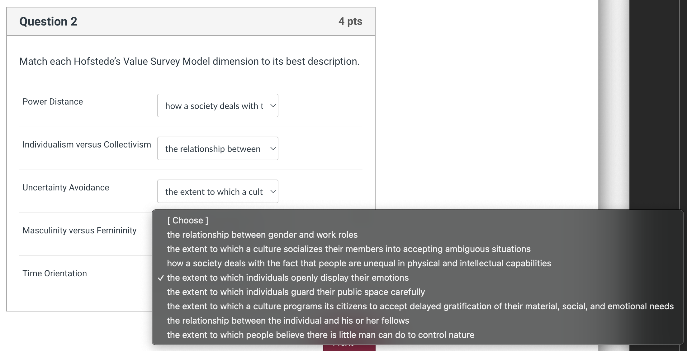 Match each Hofstede's Value Survey Model dimension to | Chegg.com