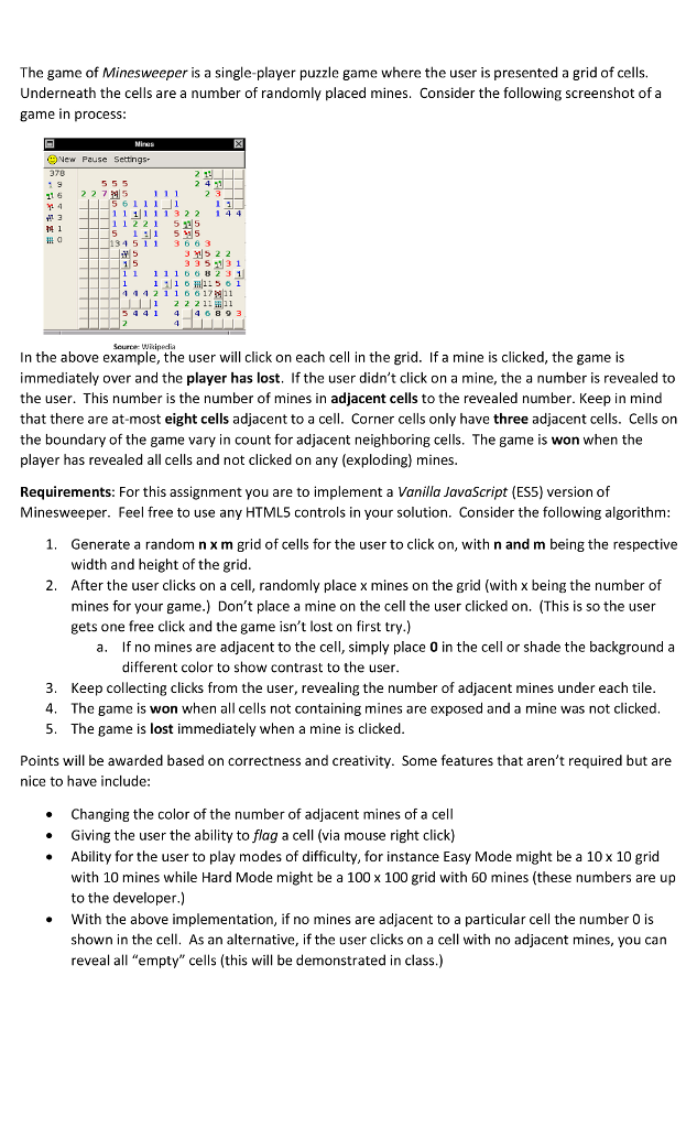 The Game Of Minesweeper Is A Single player Puzzle Chegg