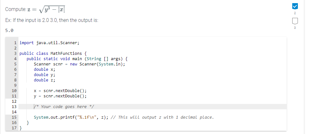 Solved Compute: z=y3−∣x∣ Ex: If the input is 2.03.0, then | Chegg.com