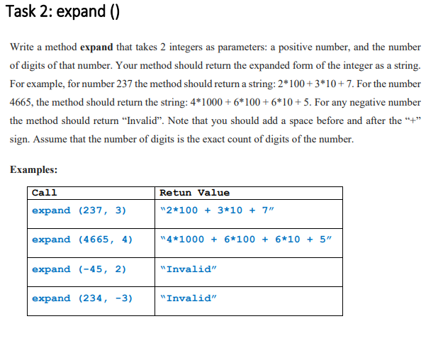 Solved Write a method expand that takes 2 integers as | Chegg.com