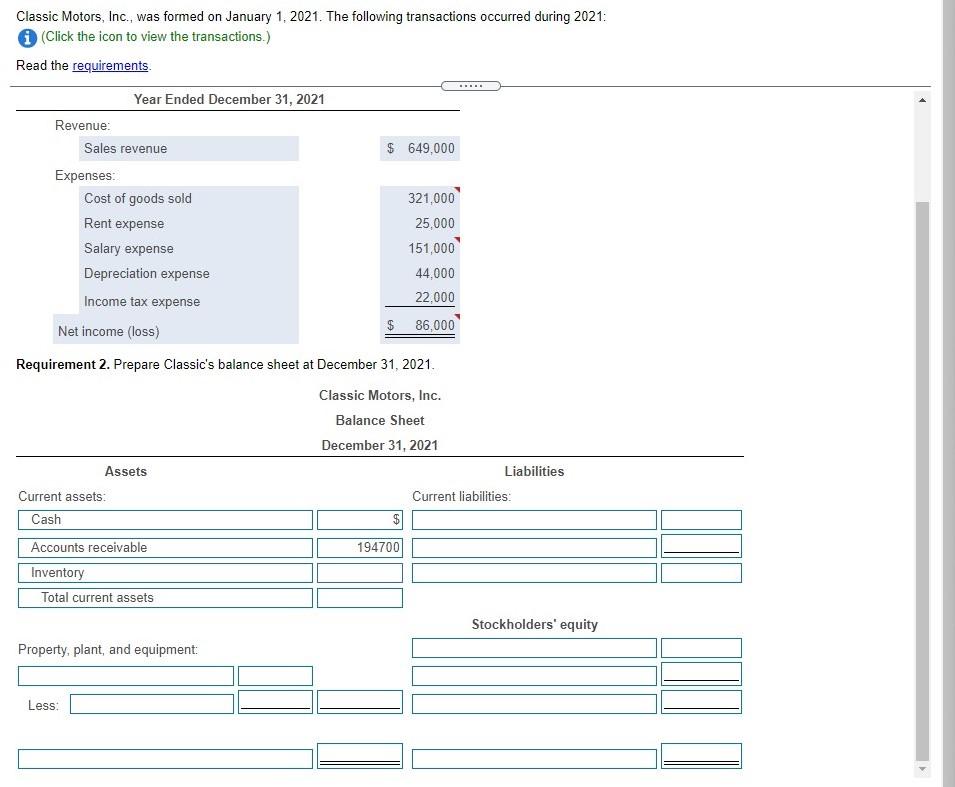 Solved Classic Motors, Inc., was formed on January 1, 2021.