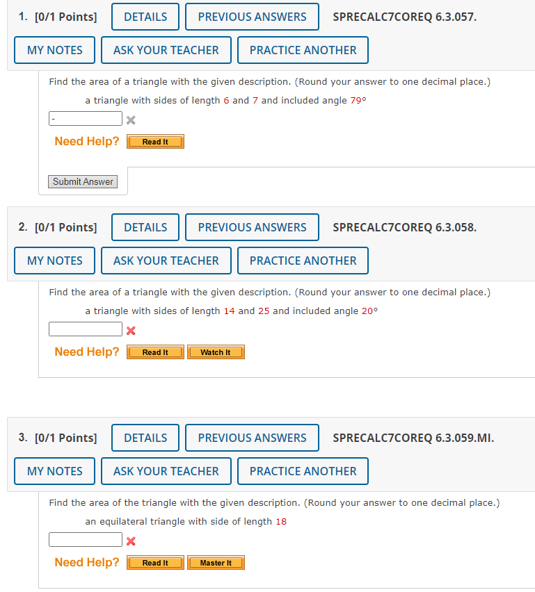 Solved Find the area of a triangle with the given Chegg com