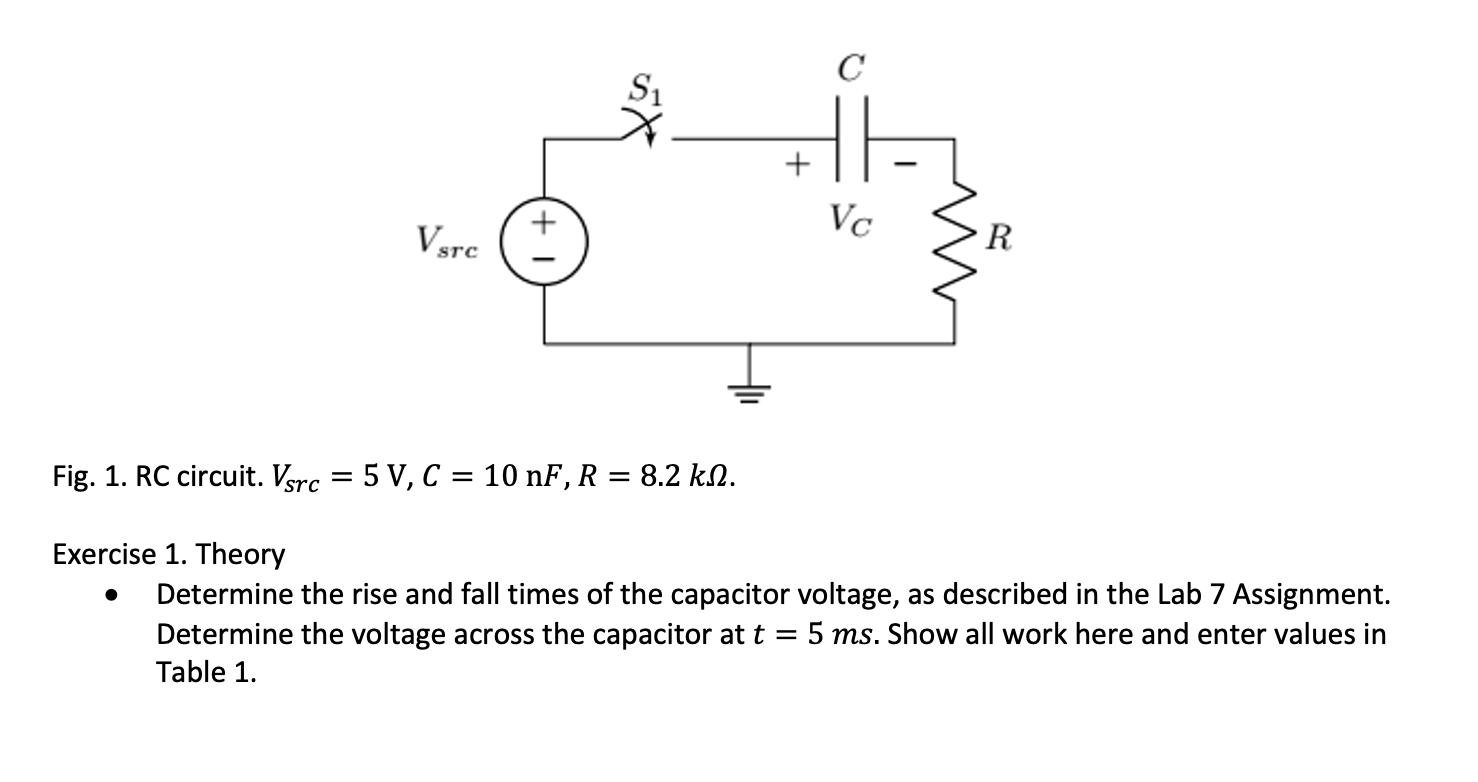 Solved Fig. 1. RC circuit. Vsrc=5 V,C=10nF,R=8.2kΩ. Exercise