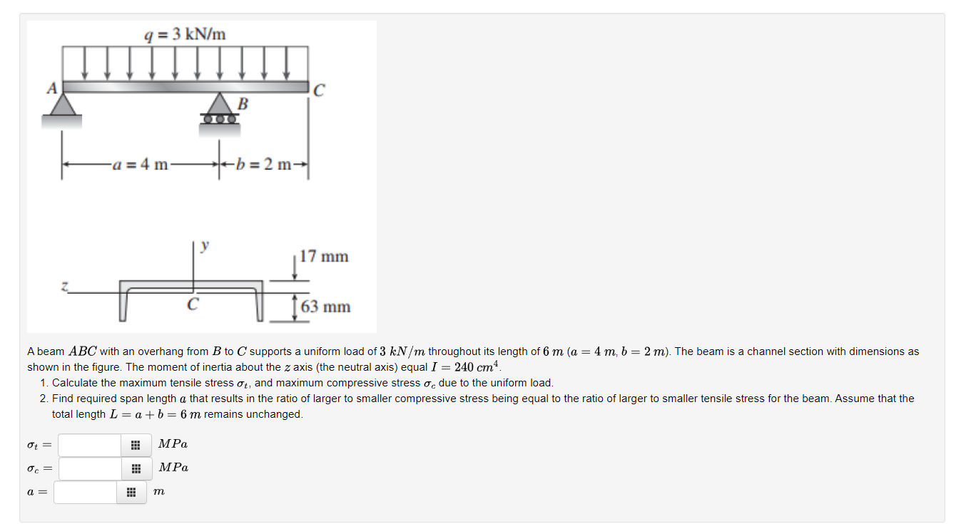 Solved A beam ABC with an overhang from B to C supports a | Chegg.com