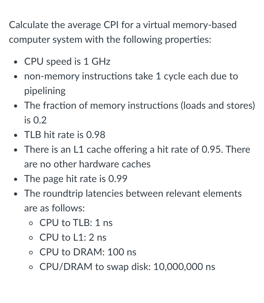 Solved Calculate the average CPI for a virtual memory-based | Chegg.com