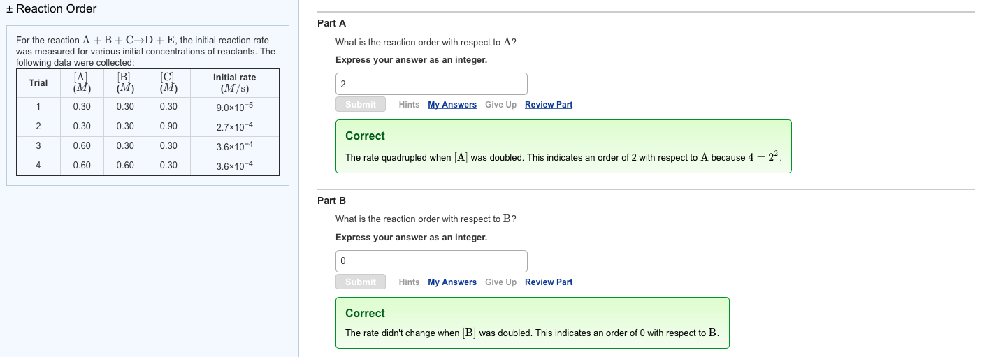 Solved ± Reaction Order Part A For the reaction A B + C→D + | Chegg.com