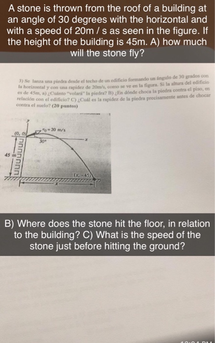 Solved A stone is thrown from the roof of a building at an | Chegg.com