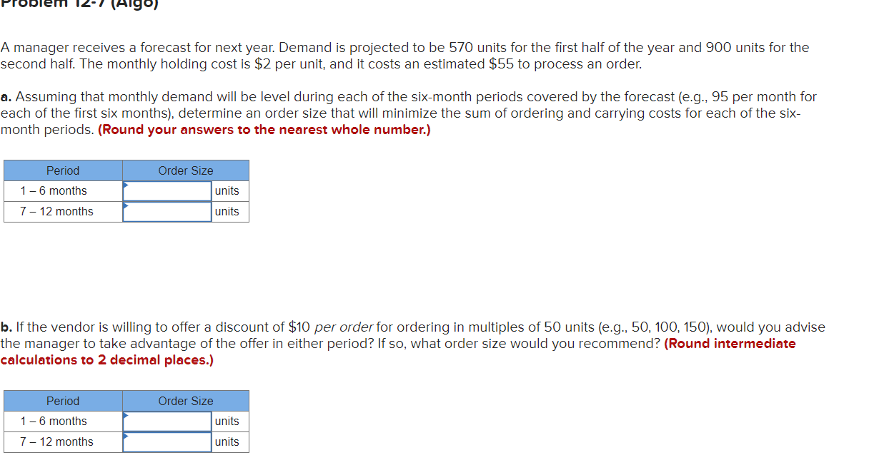 Solved A manager receives a forecast for next year. Demand | Chegg.com