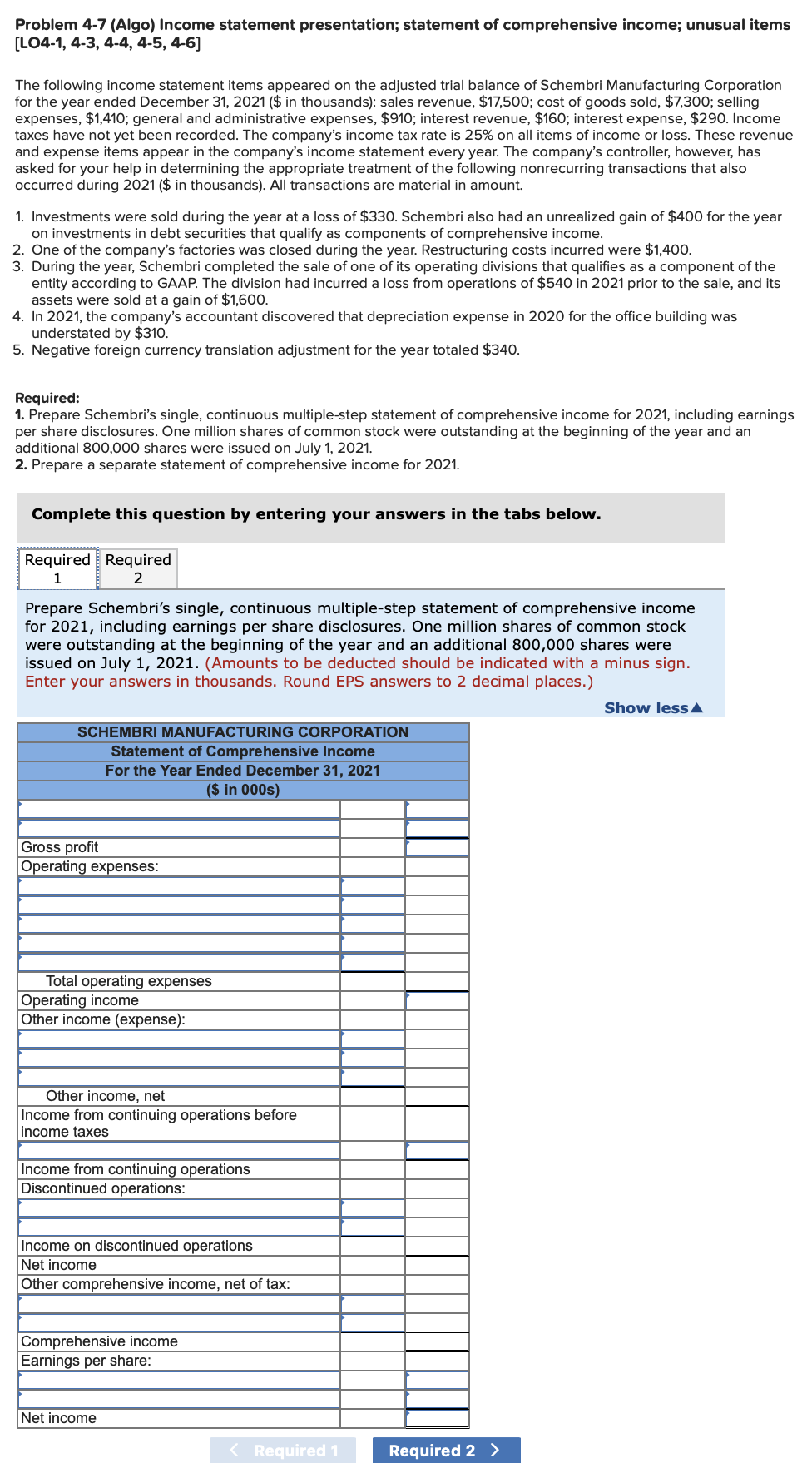 Solved Problem 4-7 (Algo) Income statement presentation; | Chegg.com