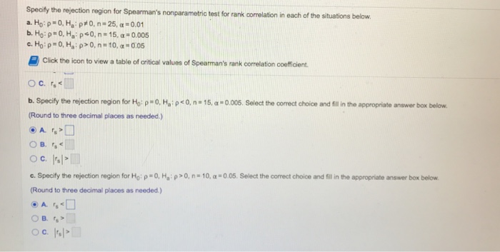 Solved Specify the rejection region for Spearman's | Chegg.com